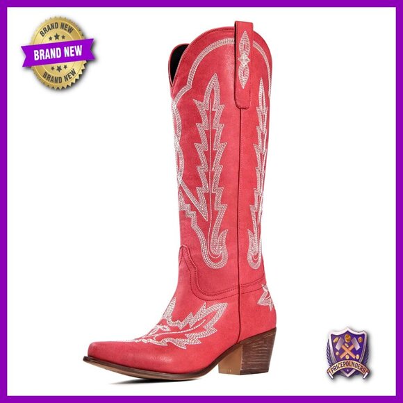 Shoes - Knee High Cowgirl Boots Embroidered Slip On Pointed Toe Chunky Heel Retro